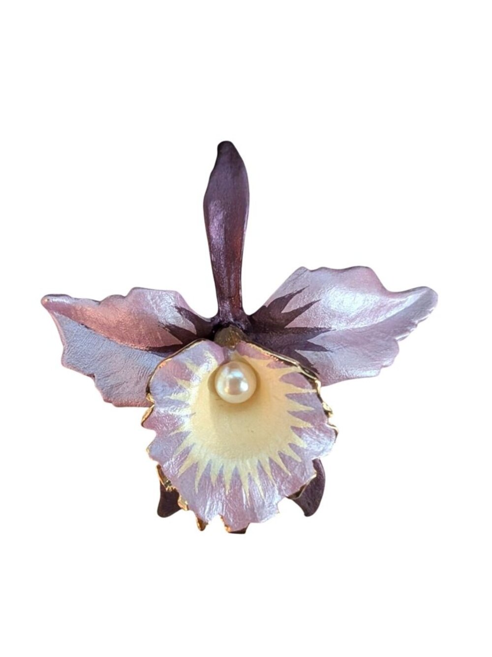 Orchid Flower Brooch w/ Pearl Accent Purple & Gold-Tone 2" Mother's Day Gift